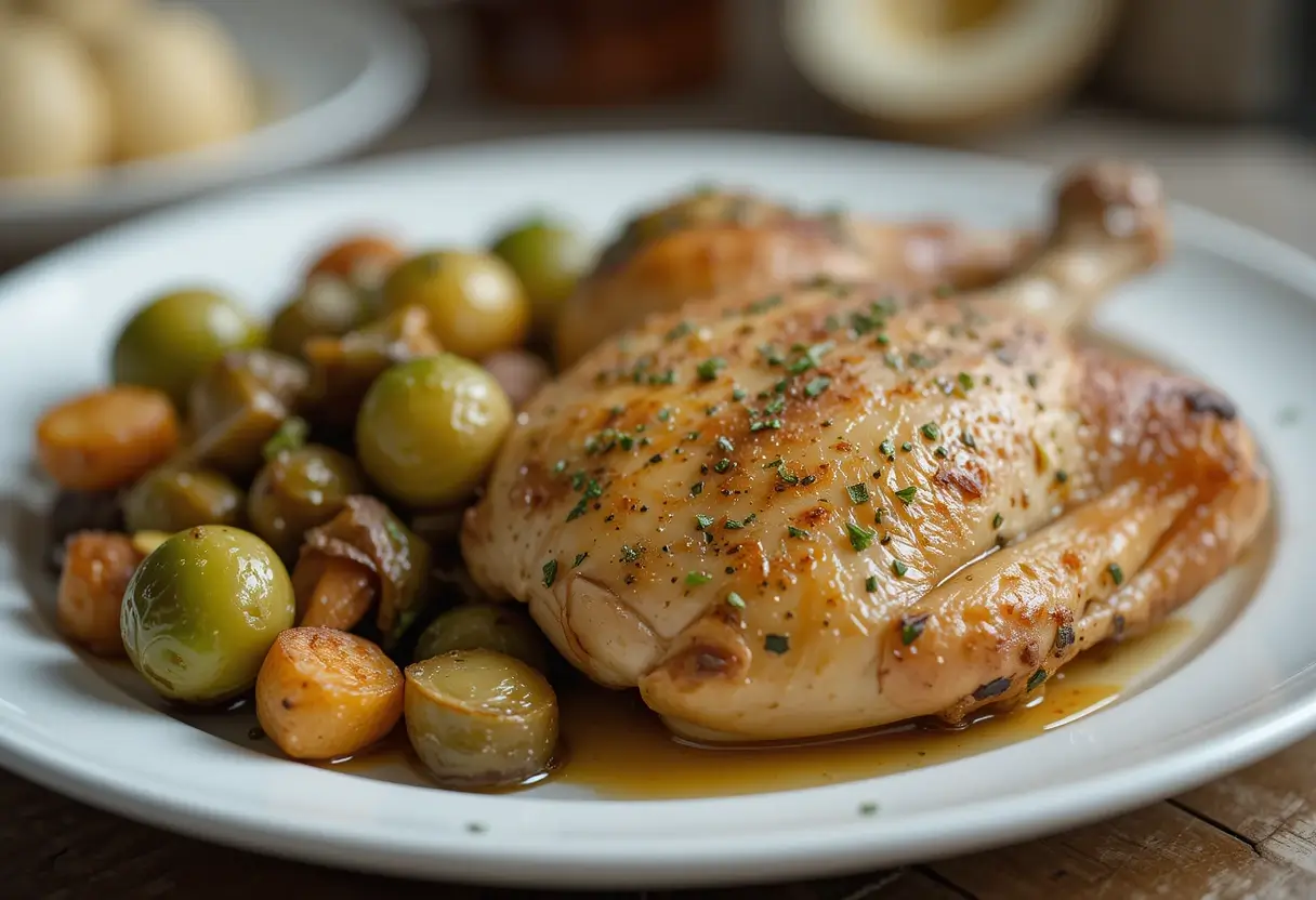 Garlic and herb roasted chicken with Brussels sprouts and root vegetables