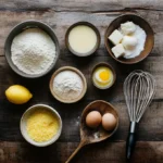A top-down view of baking ingredients for Madeline cookies, including flour, eggs, butter, sugar, lemon, and a whisk on a rustic wooden table.