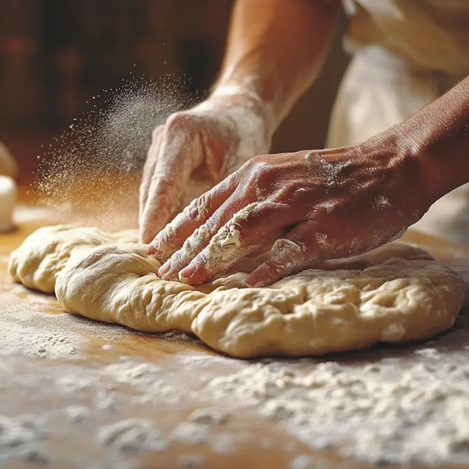 Shaping Sourdough Discard Focaccia Dough Shaping sourdough discard focaccia dough on a floured countertop.