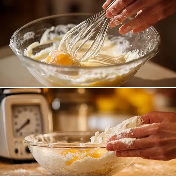 Mixing and Resting the Batter for Perfect Madeline Cookies A baker whisking eggs and sugar in a glass bowl, creating a light and fluffy batter. The mixture is resting, covered with plastic wrap on a kitchen counter.