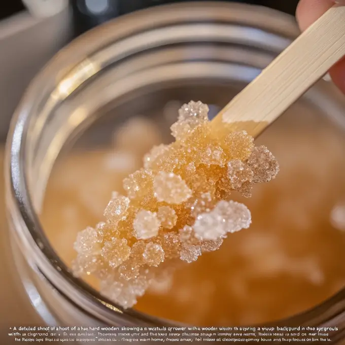 A hand holding a wooden skewer with growing sugar crystals.