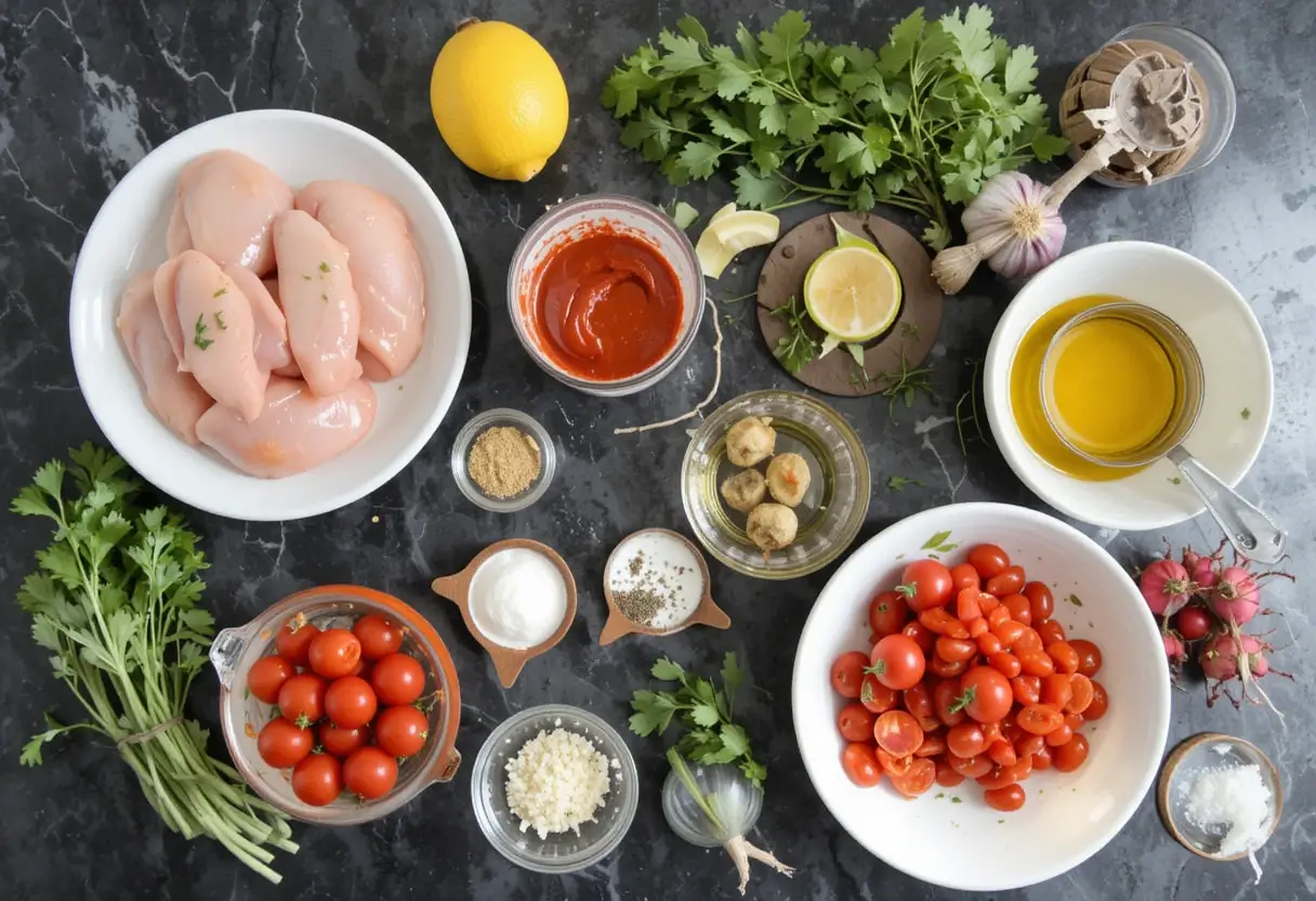 Fresh ingredients for making a Cava chicken recipe.