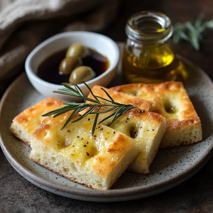 Serving Sourdough Discard Focaccia with Olive Oil and Balsamic Vinegar Sliced sourdough discard focaccia served with balsamic vinegar and olive oil.