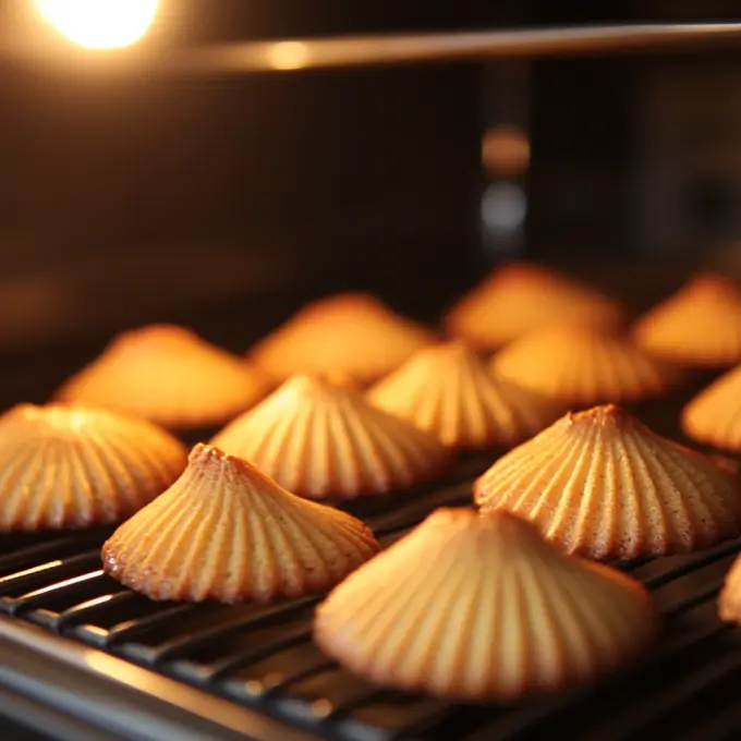 Baking Madeline Cookies – Golden, Fluffy, and Perfectly Risen Golden brown Madeline cookies baking in a shell-shaped mold inside an oven, with a warm golden glow highlighting their texture.