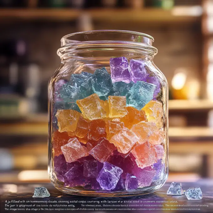 Homemade crystal candies in a jar, showcasing large, vibrant sugar crystals.