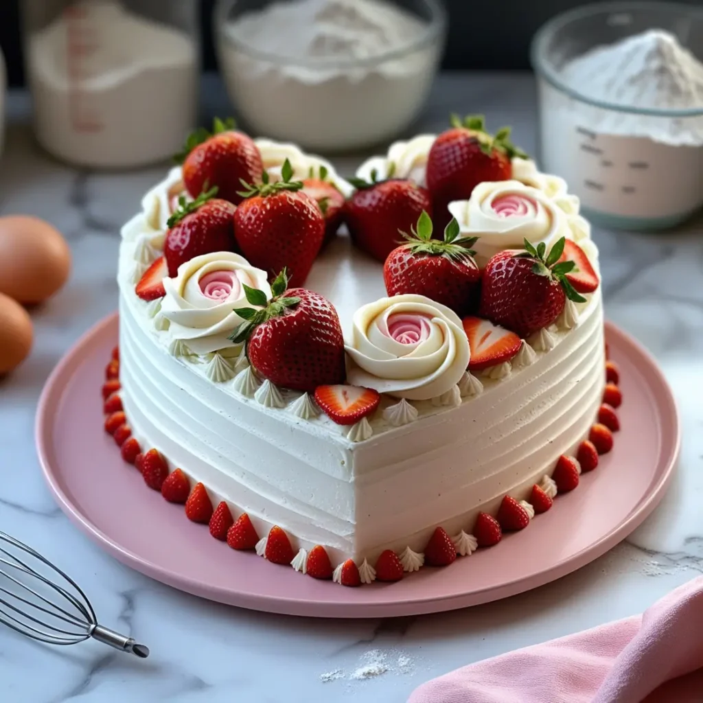 Heart-shaped cake with strawberries and buttercream roses.
