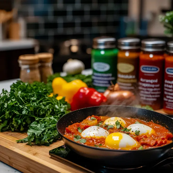 Homemade Raising recipes shakshuka with poached eggs in a spiced tomato sauce.
