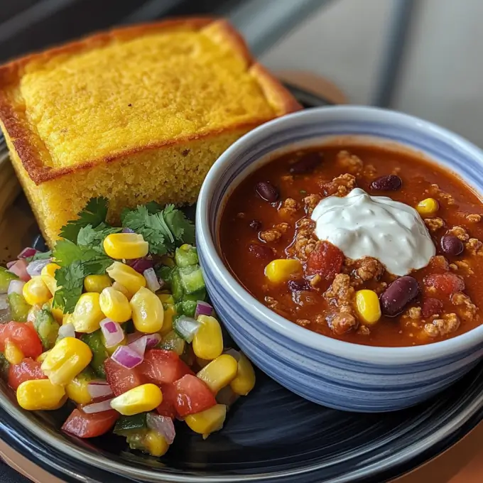 Jiffy Mexican Cornbread with Chili Jiffy Mexican Cornbread served with chili and street corn salad