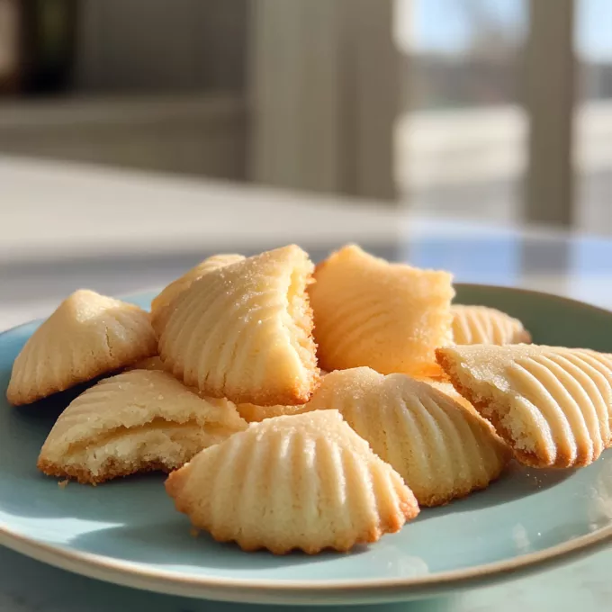 A plate of golden-brown shell-shaped cookies with a soft, buttery texture, placed in natural sunlight on a blue dish.