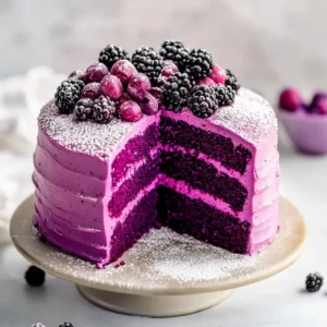 A luxurious purple velvet cake with smooth cream cheese frosting, topped with fresh berries, edible flowers, and a dusting of gold glitter, elegantly displayed on a dessert table.