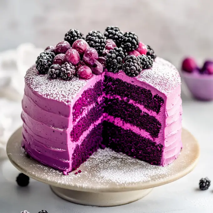 A luxurious purple velvet cake with smooth cream cheese frosting, topped with fresh berries, edible flowers, and a dusting of gold glitter, elegantly displayed on a dessert table.