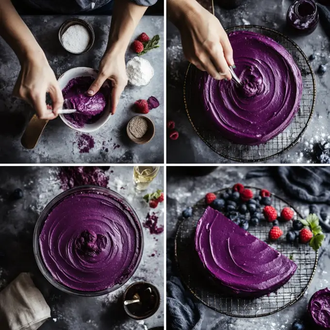 A baker carefully mixing a smooth purple velvet cake batter in a glass bowl, with a wooden spoon and a cozy kitchen background.