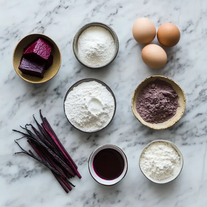 A collection of high-quality ingredients for a purple velvet cake, including flour, cocoa, eggs, sugar, buttermilk, and beetroot puree, arranged on a marble countertop.