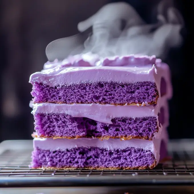 Freshly baked purple velvet cake layers cooling on a wire rack, with a soft crumb texture visible and steam rising.