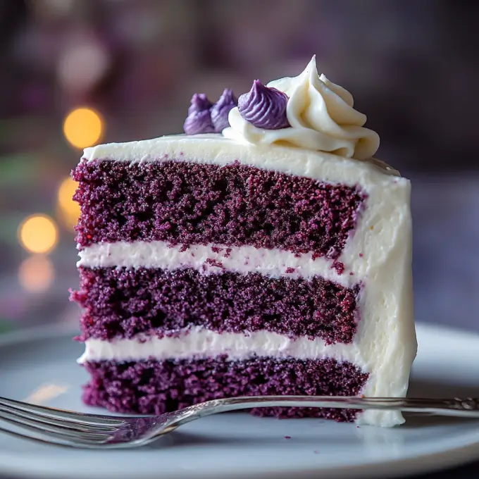 A fully decorated purple velvet cake with cream cheese frosting, fresh berries, edible flowers, and a dusting of gold glitter, set on an elegant dessert table.