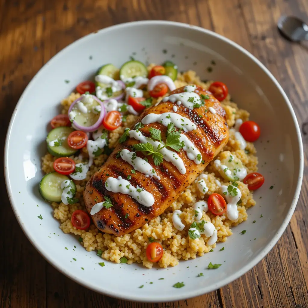 A Cava-style chicken bowl with rice, vegetables, and hummus.