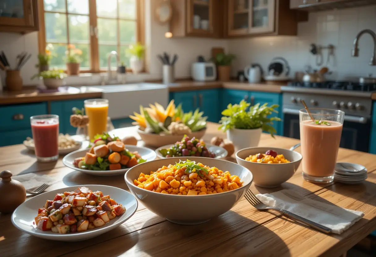 AIP-friendly breakfast dishes on a wooden table in a bright kitchen