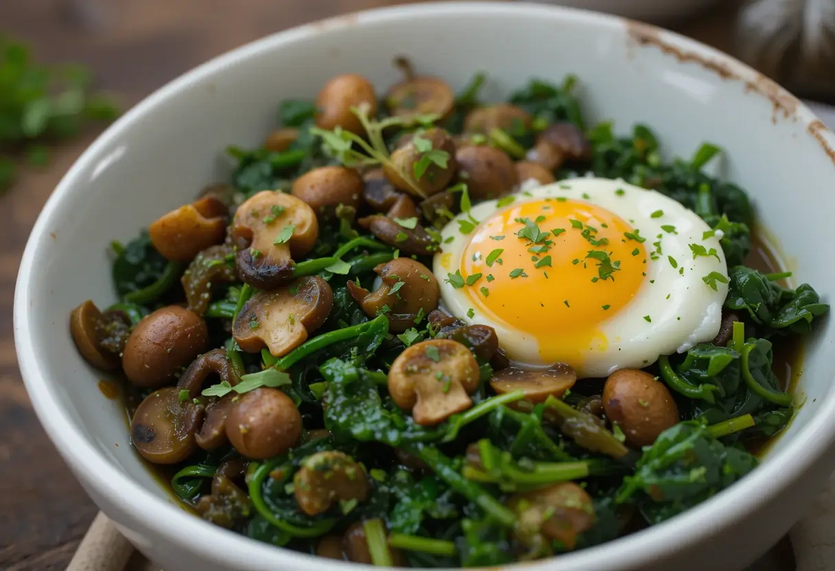 AIP breakfast bowl with spinach, mushrooms, poached egg, and herbs