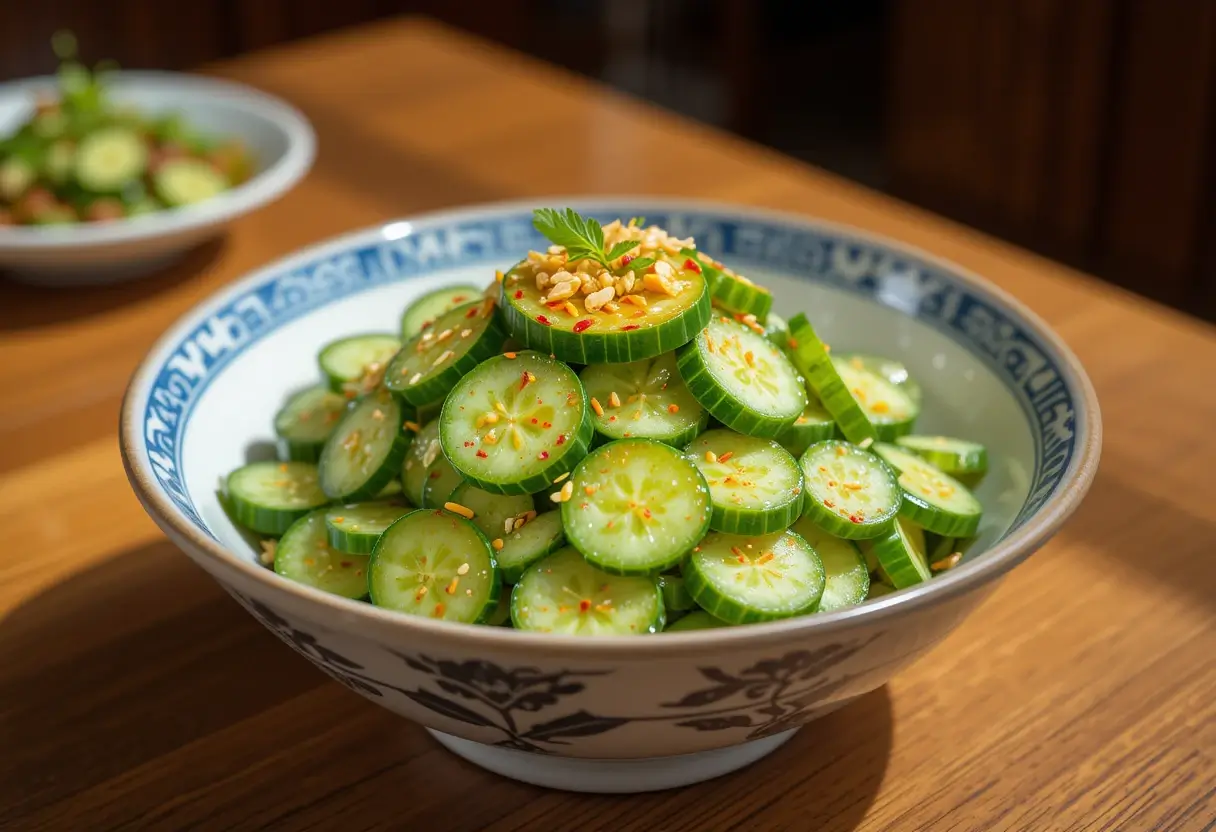 Din Tai Fung cucumber salad recipe with garlic, sesame seeds, and chili oil.