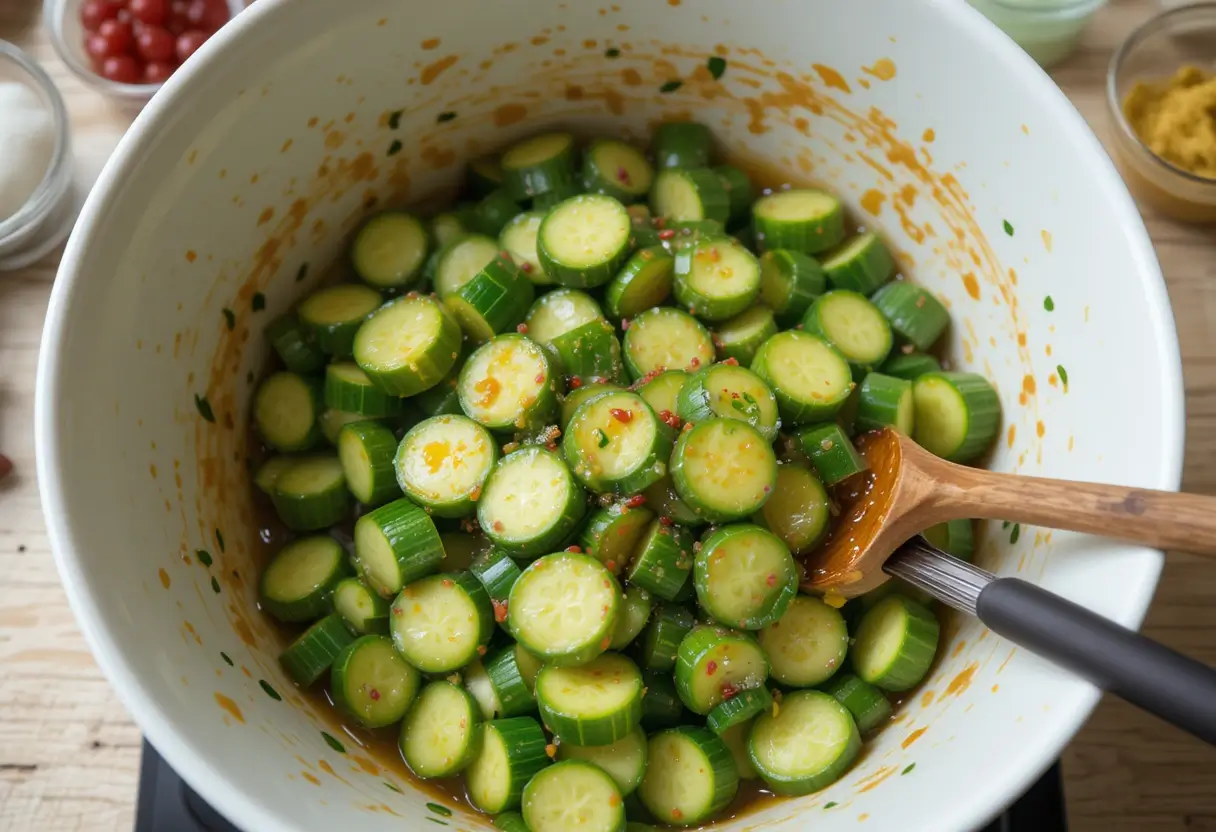 Mixing cucumbers with sauce for Din Tai Fung cucumber salad.