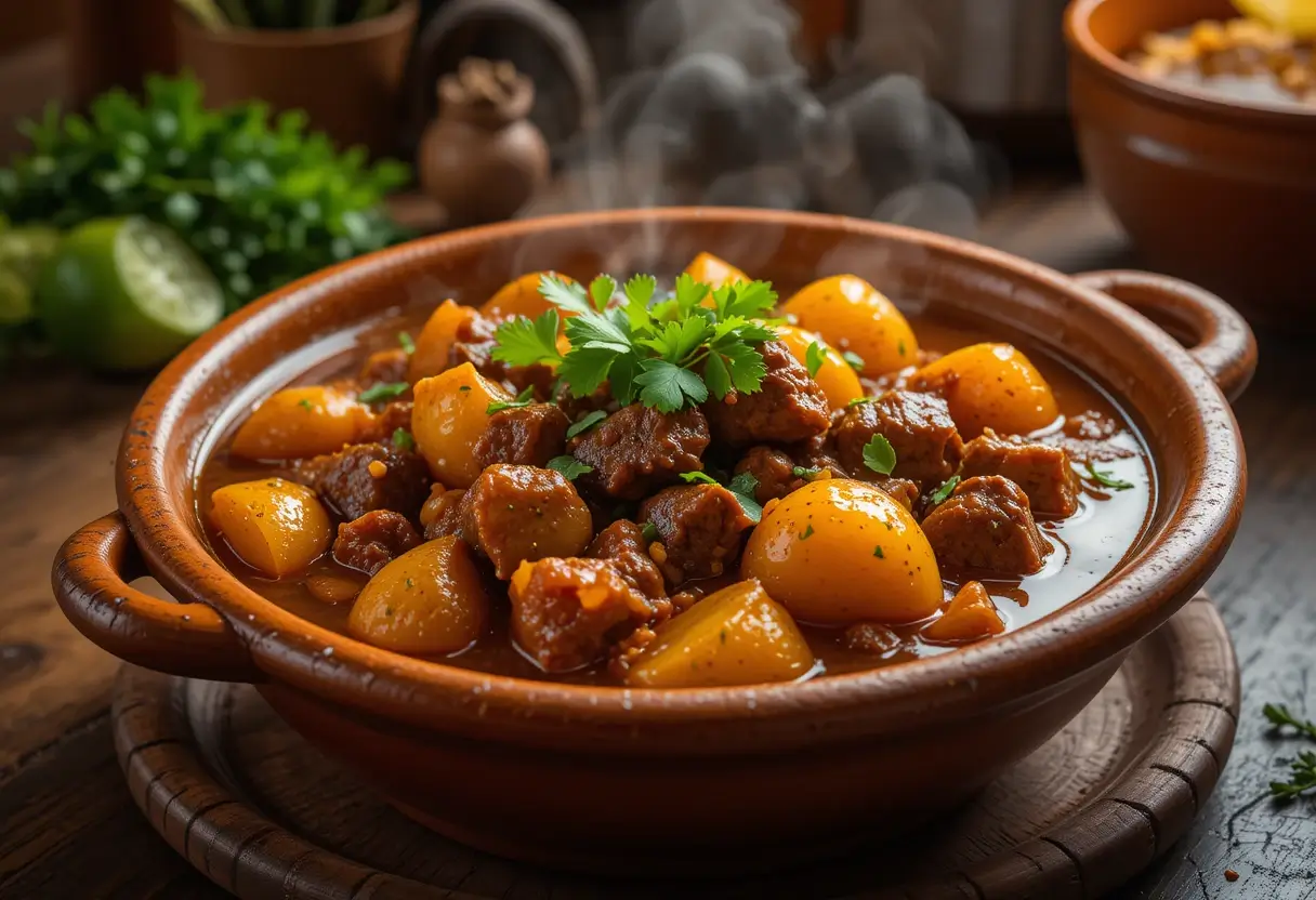 Hearty carne con papas stew in a rustic bowl