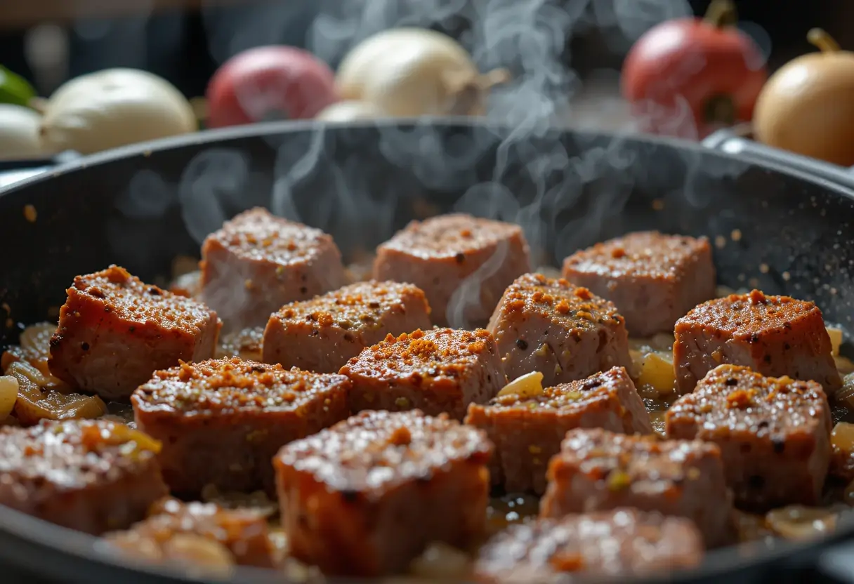 Beef searing in a pan with onions and garlic for carne con papas.