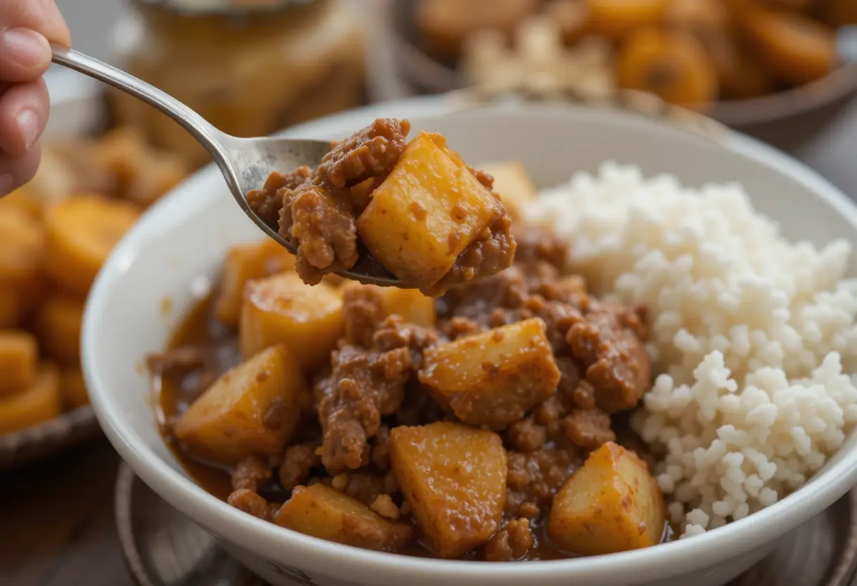 Carne con papas served with rice and fried plantains.