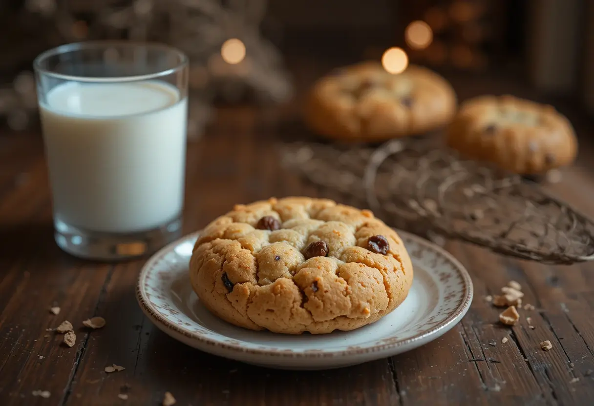 Single cookie on a plate with milk