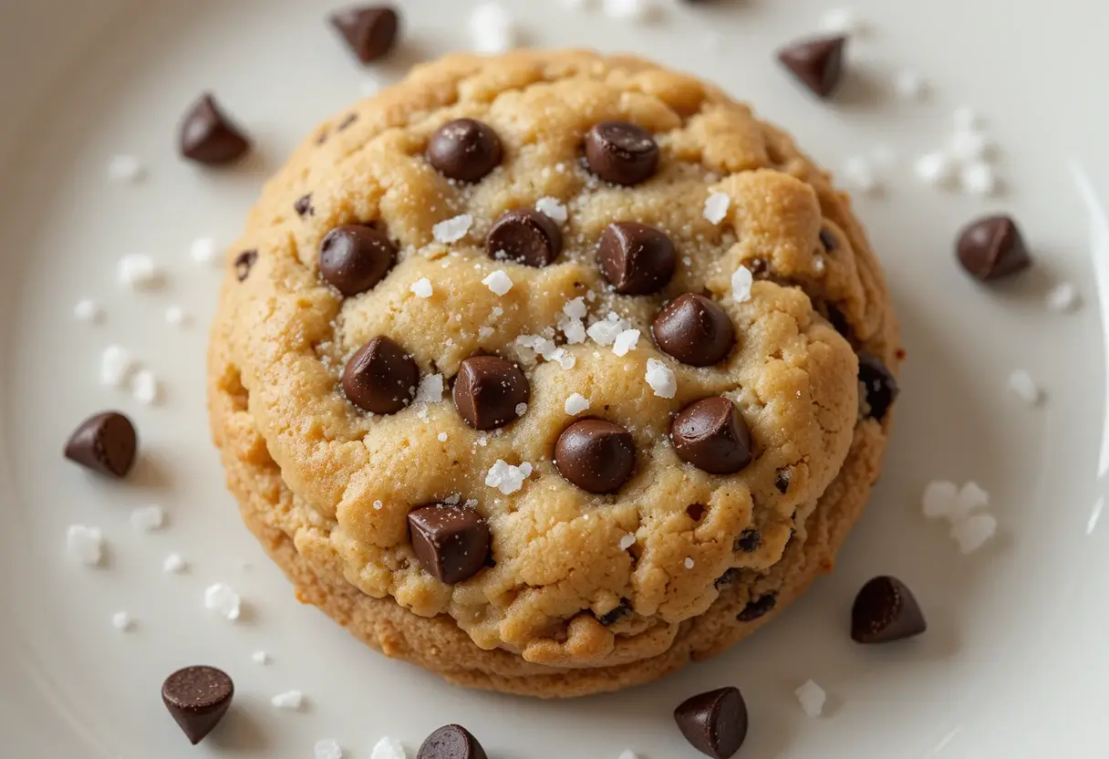 Close-up of a single chocolate chip cookie with sea salt