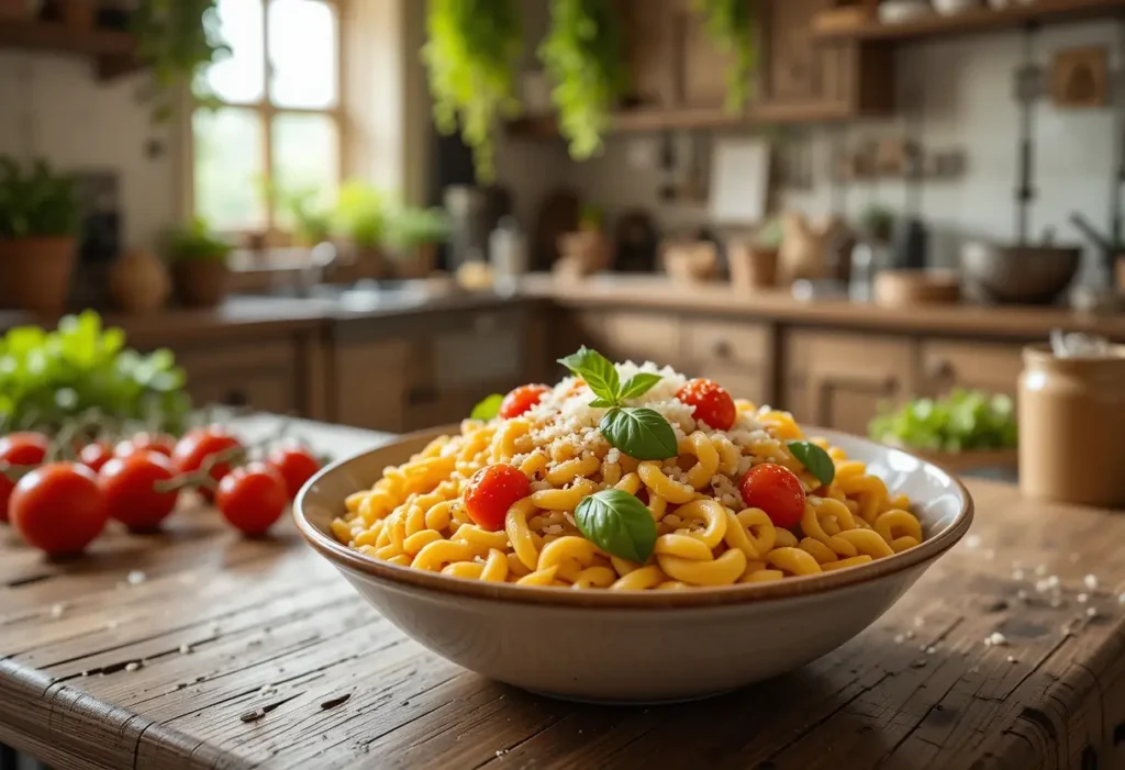 A bowl of cooked ditalini pasta garnished with basil and parmesan