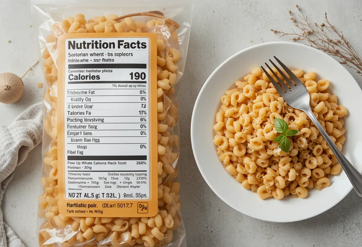 Nutrition label of ditalini pasta with a healthy plate of pasta.