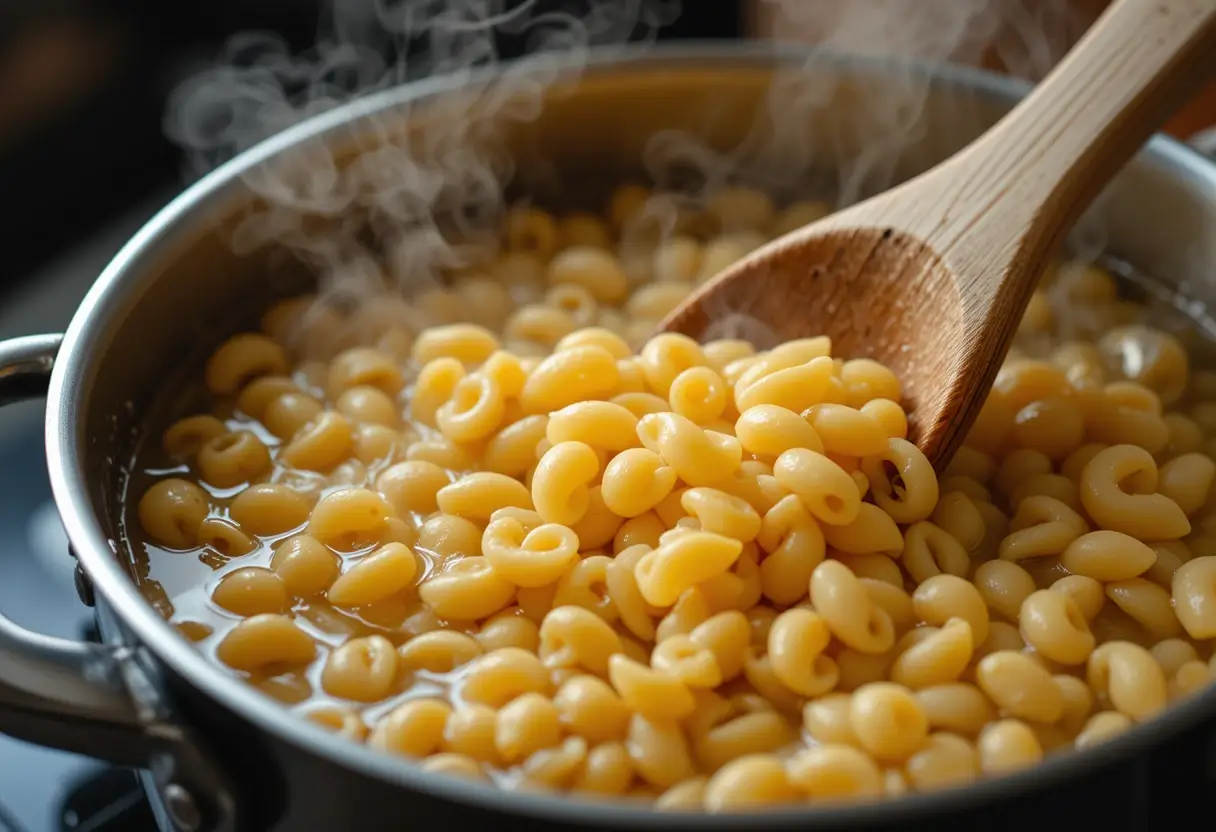 Ditalini pasta cooking in a pot of boiling water.