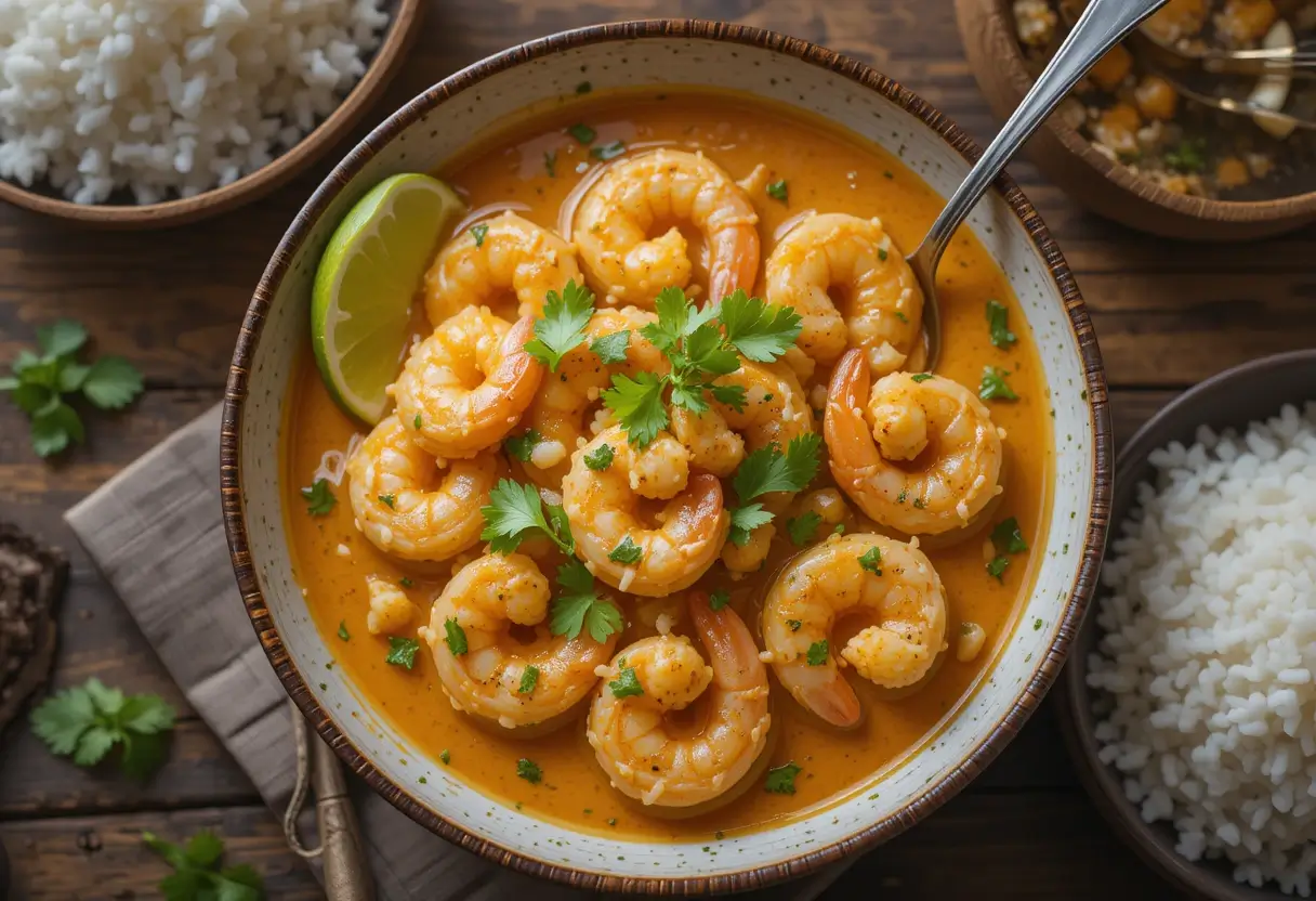 A plated creamy coconut shrimp dish served with jasmine rice and lemonade.