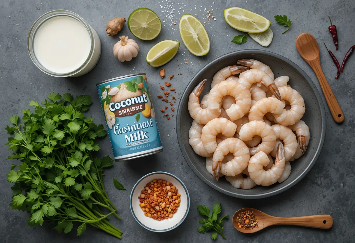 Fresh ingredients for creamy coconut shrimp, including shrimp, coconut milk, garlic, and spices.