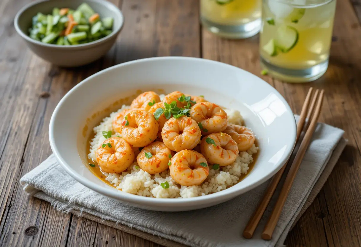 A bowl of creamy coconut shrimp garnished with cilantro and lime.