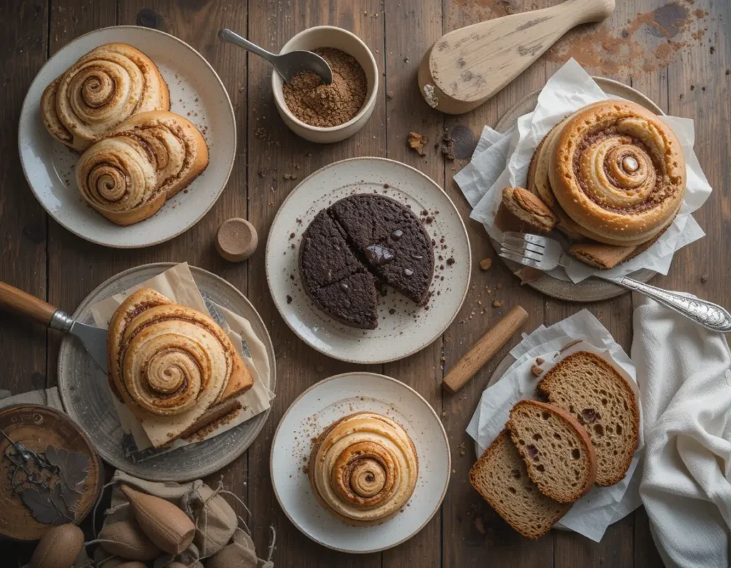 A variety of homemade sourdough desserts on a wooden table.