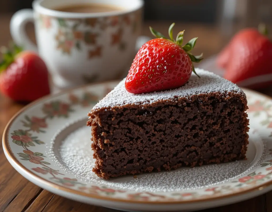 A slice of sourdough chocolate cake with a dusting of powdered sugar.