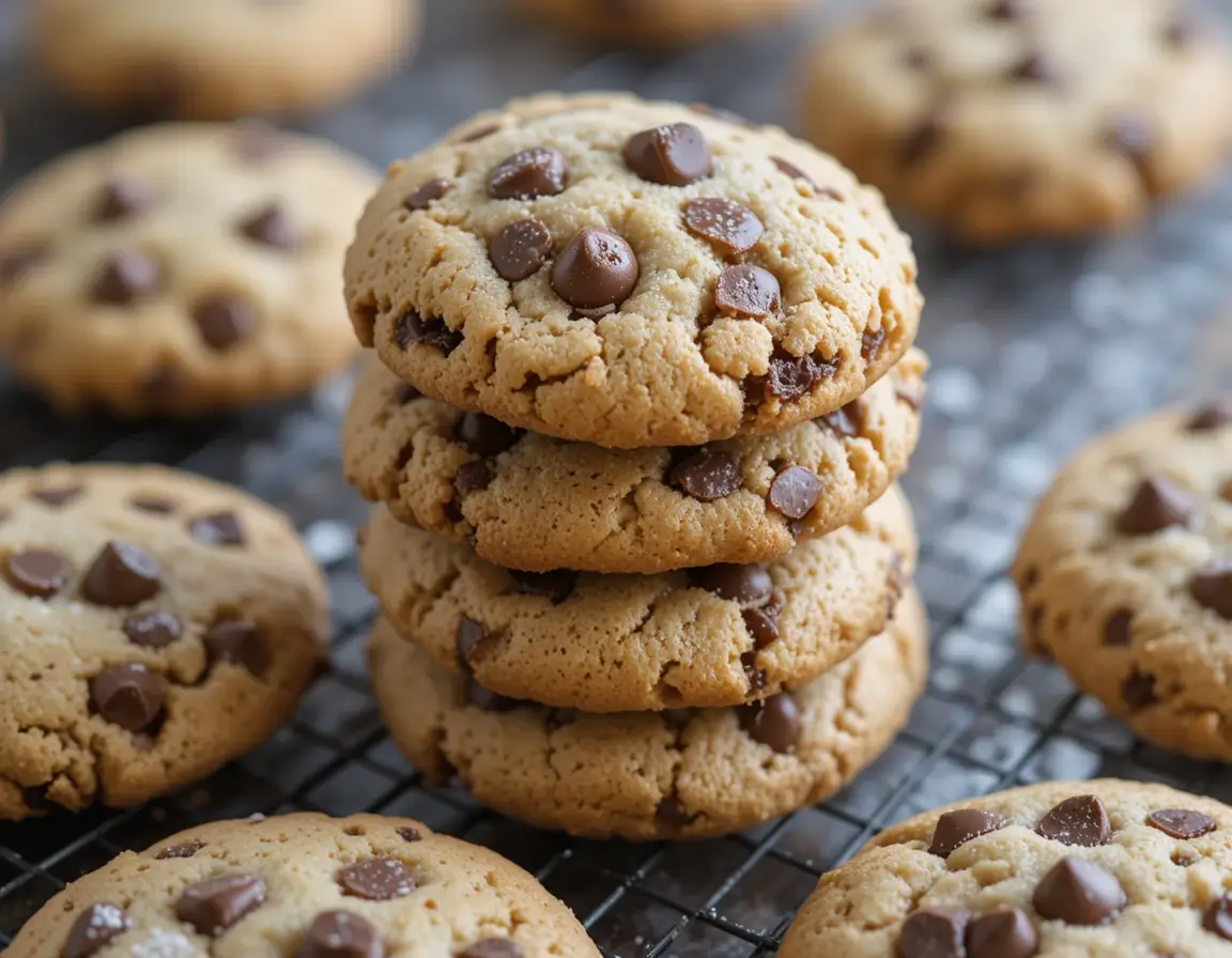 Freshly baked sourdough chocolate chip cookies on a cooling rack.