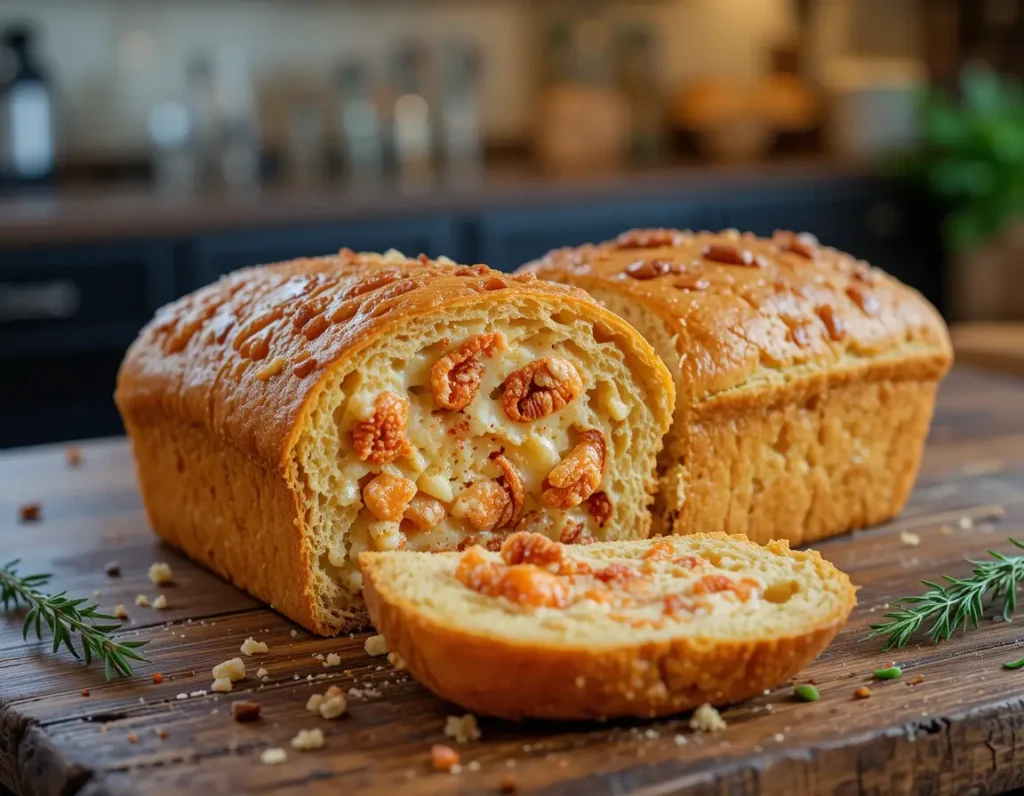 Golden crawfish bread loaf sliced and served with cheese and crawfish.