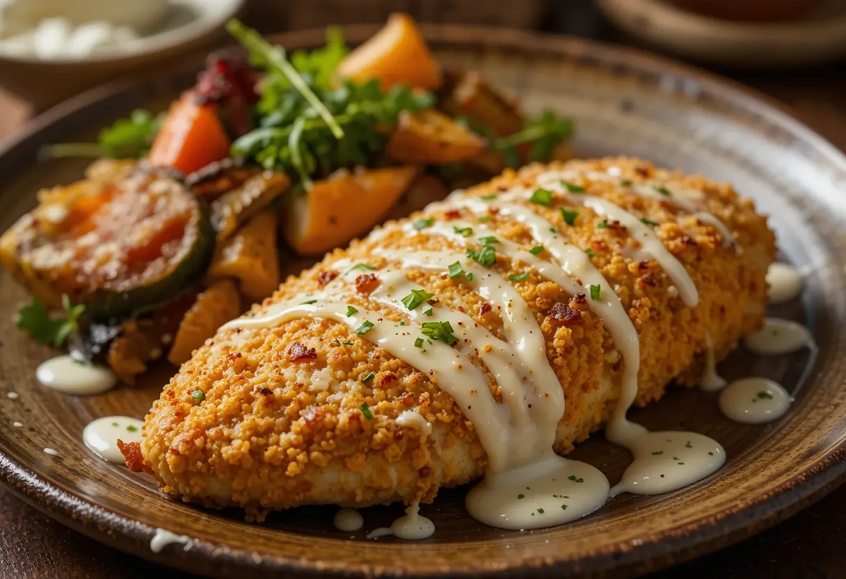 Longhorn Parmesan Crusted Chicken served with roasted vegetables.