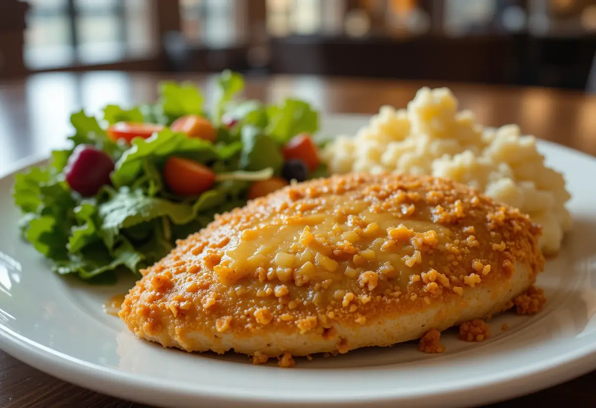 armesan Crusted Chicken served with mashed potatoes and salad.