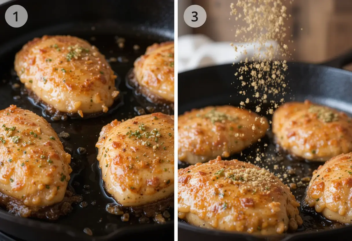 Chicken breasts searing in a pan for parmesan crusted chicken.