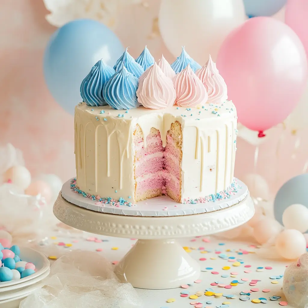 Gender reveal cake with surprise pink or blue filling surrounded by party decor.