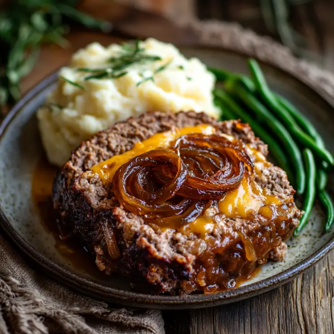French Onion Meatloaf Recipe with melted cheese and caramelized onions.