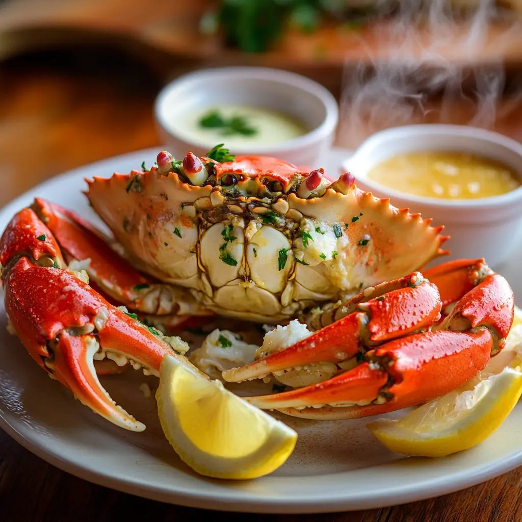 Freshly cooked Dungeness Crab Recipes with garlic butter and lemon