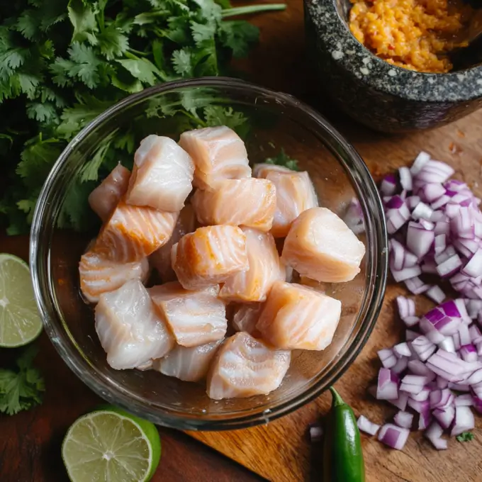Preparing Ingredients for Leche de Tigre Recipe Fresh fish marinating in lime juice for Leche de Tigre