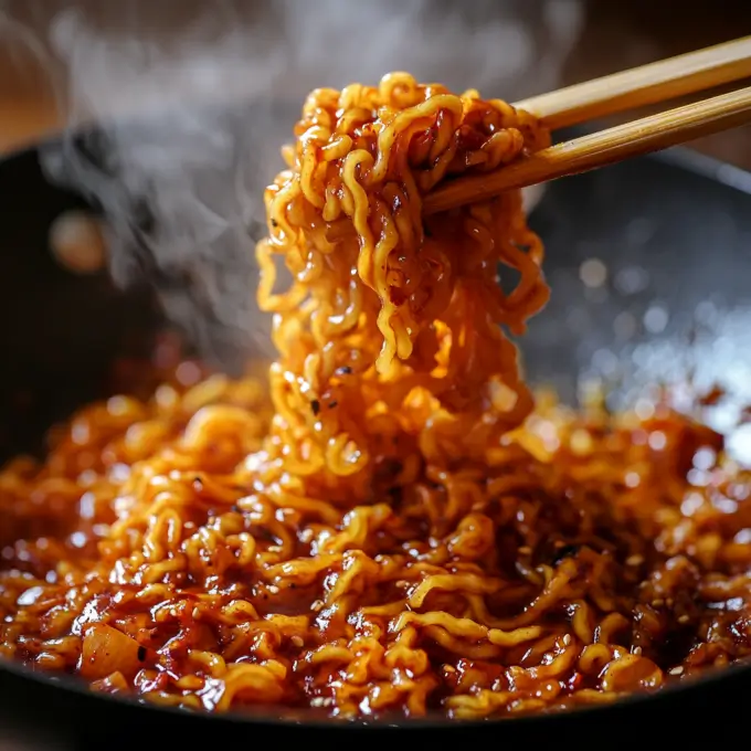 Buldak Ramen Cooking Process Stir-fried ramen noodles in spicy Buldak sauce