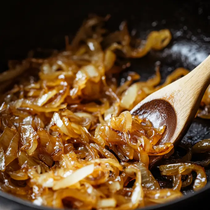 Perfectly Caramelized Onions for French Onion Meatloaf Caramelized onions cooking in a skillet.