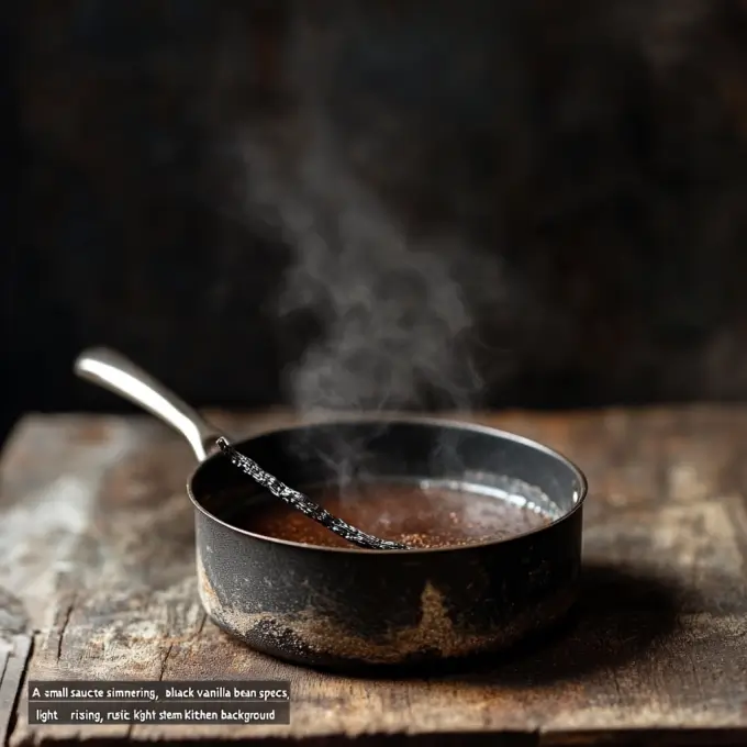 Simmering Homemade Vanilla Paste Simmering vanilla paste with vanilla bean specks
