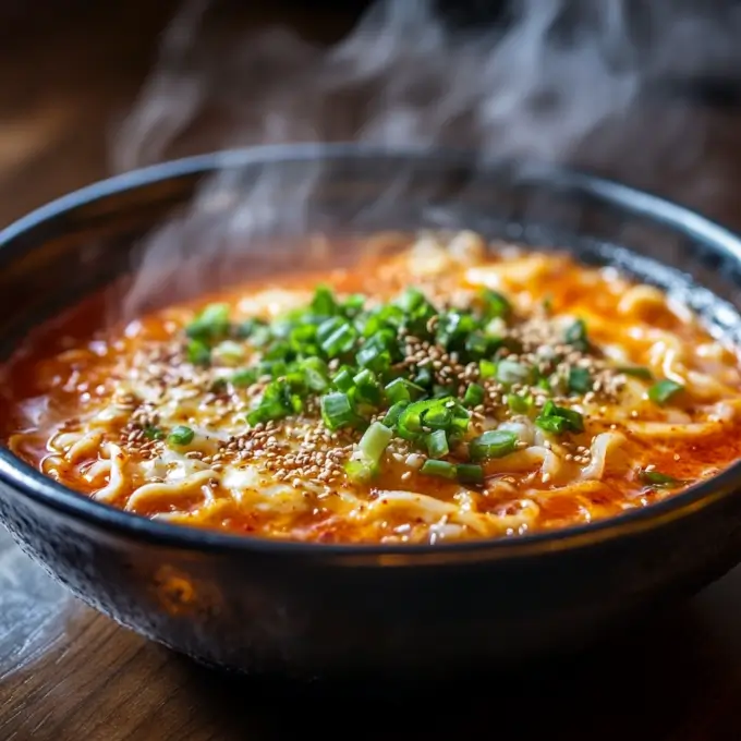 A steaming bowl of spicy Buldak Ramen with cheese and green onions